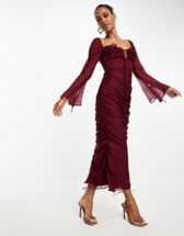 ASOS DESIGN extreme sleeve chiffon maxi dress with satin bias skirt in  khaki