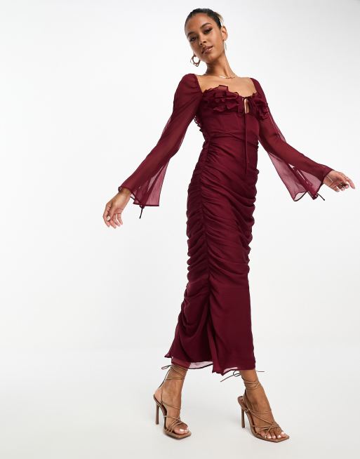 ASOS DESIGN milkmaid ruffle corset detail midi dress in wine