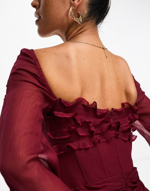 ASOS DESIGN milkmaid ruffle corset detail midi dress in wine, 3 of 4