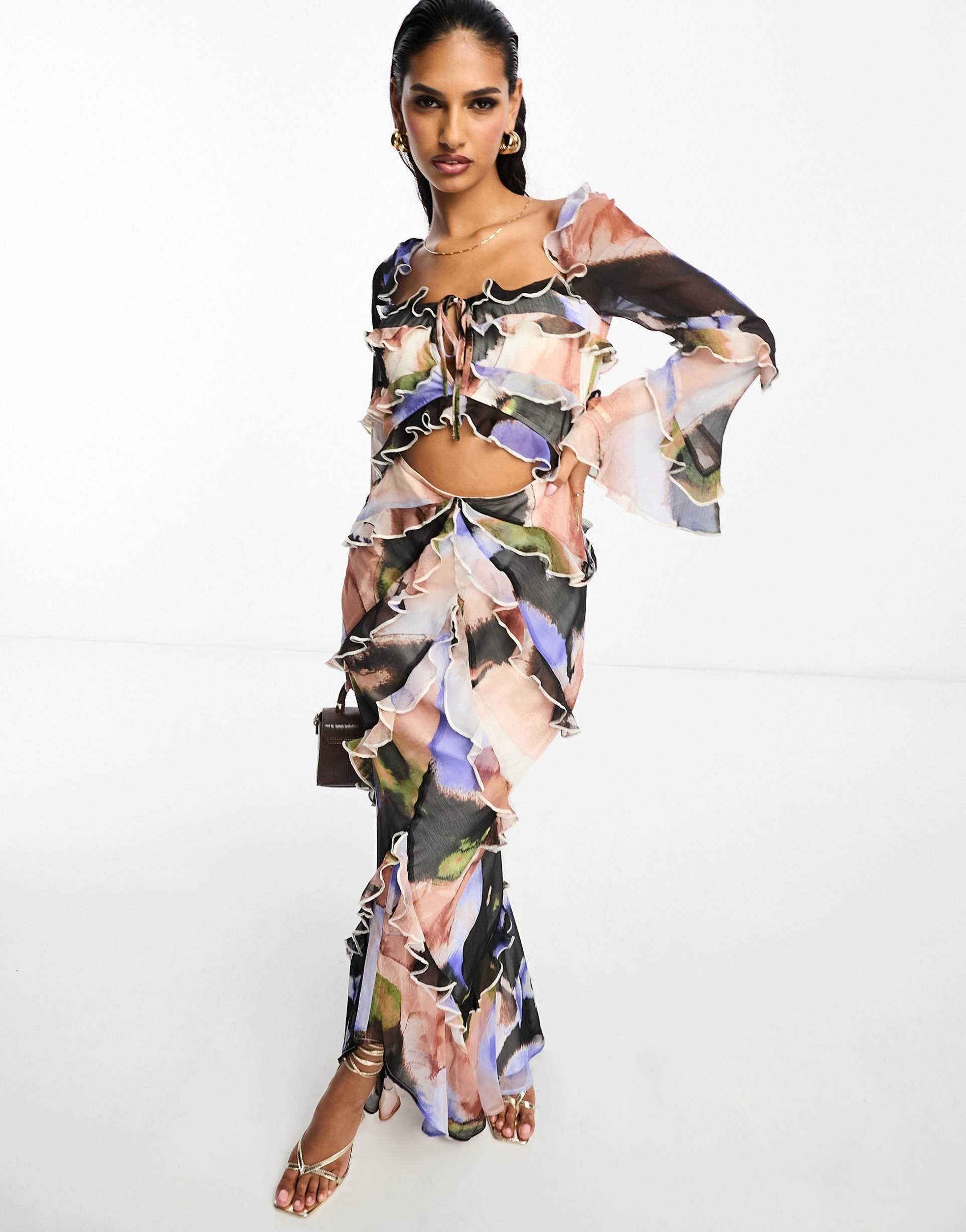 asos design milkmaid ruffle cut out maxi dress with flare sleeve in watercolor print