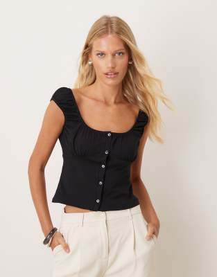 ASOS DESIGN milkmaid short sleeve button through top in black - view 1