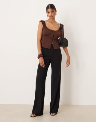 Asos Design Milkmaid Short Sleeve Button Up Top In Brown