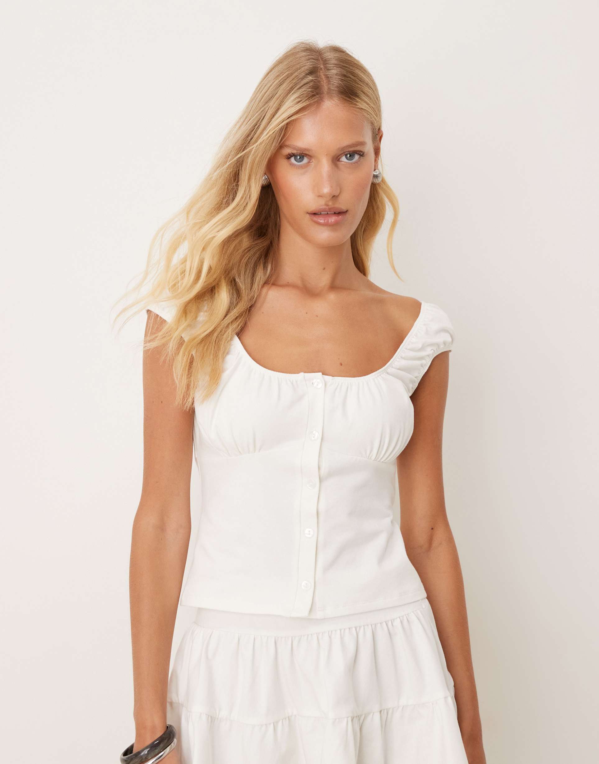 asos design milkmaid short sleeve button up top in white