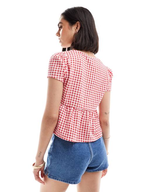 ASOS DESIGN milkmaid tie front top in red gingham print, 2 of 4