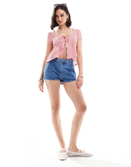 ASOS DESIGN milkmaid tie front top in red gingham print, 3 of 4