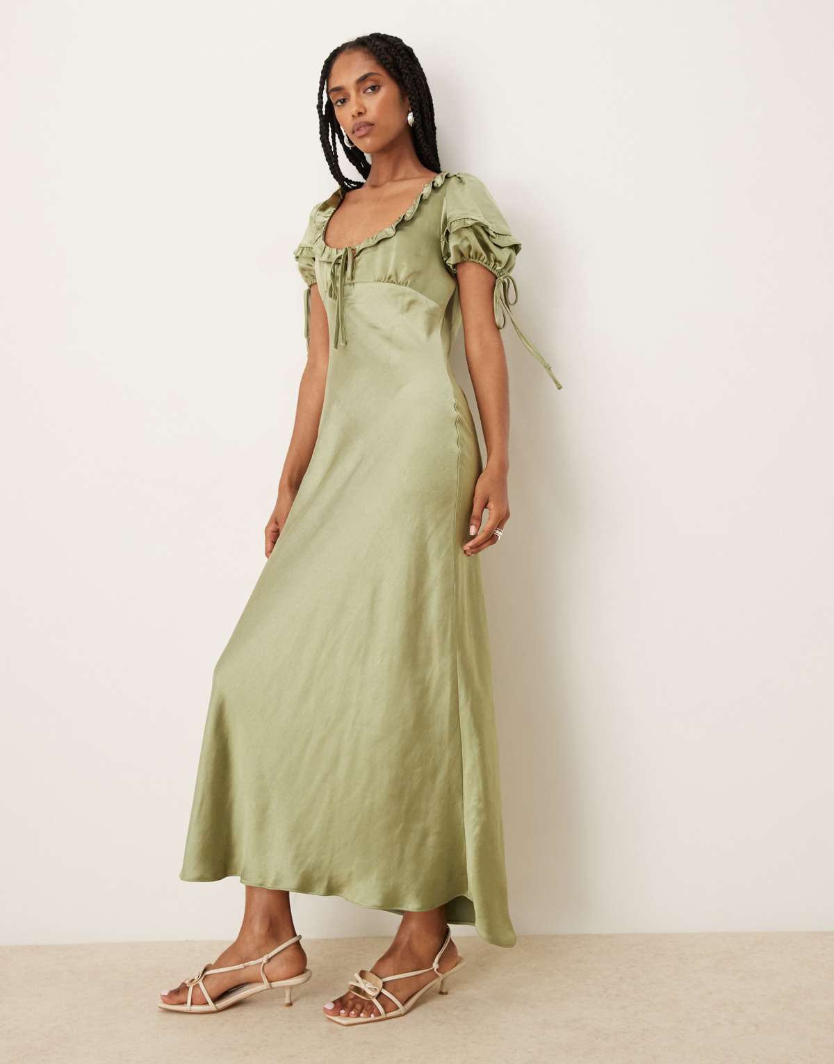 ASOS DESIGN milkmaid tie puff sleeve midi dress in green