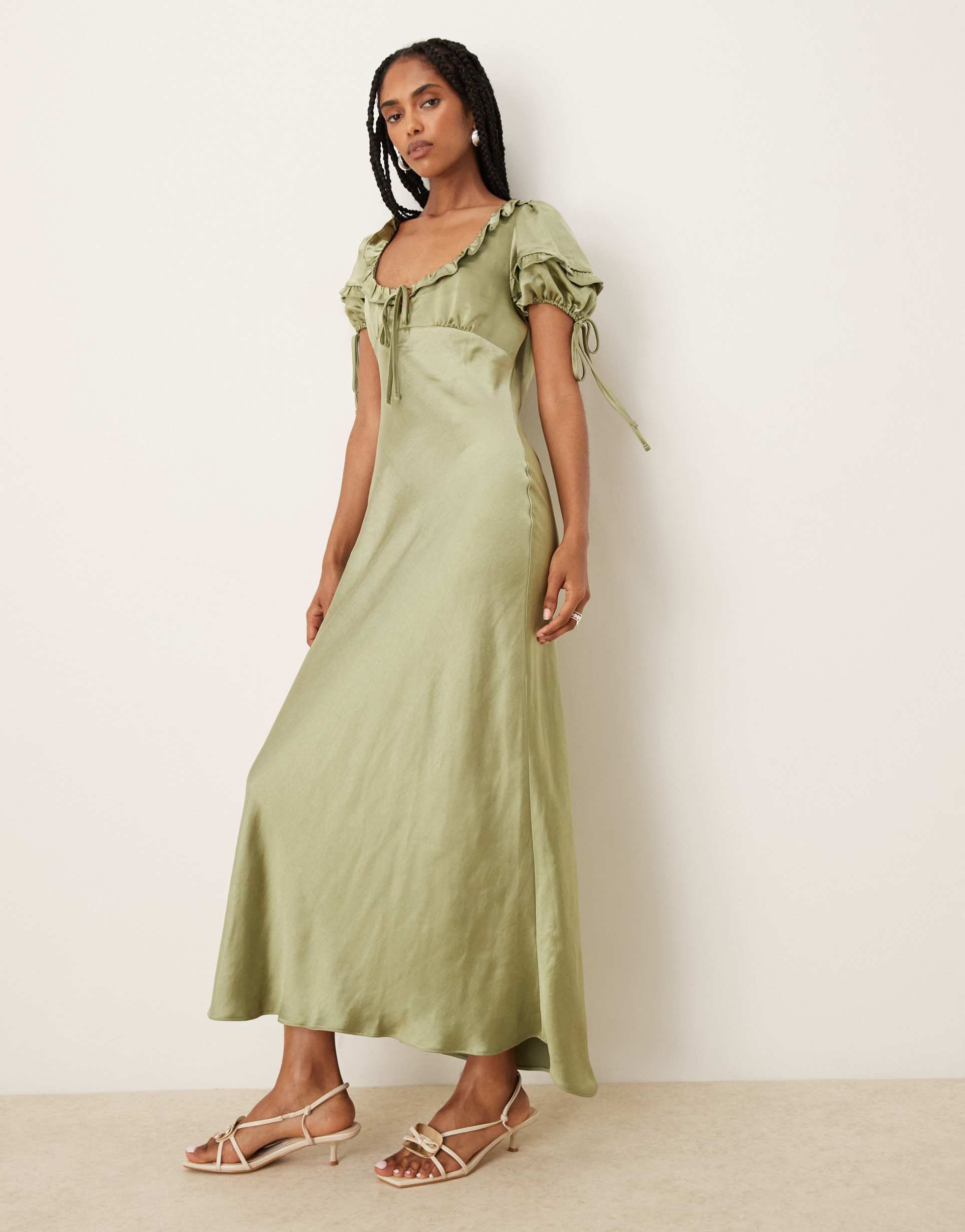 asos design milkmaid tie puff sleeve midi dress in green