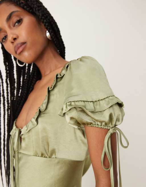 ASOS DESIGN milkmaid tie puff sleeve midi dress in green