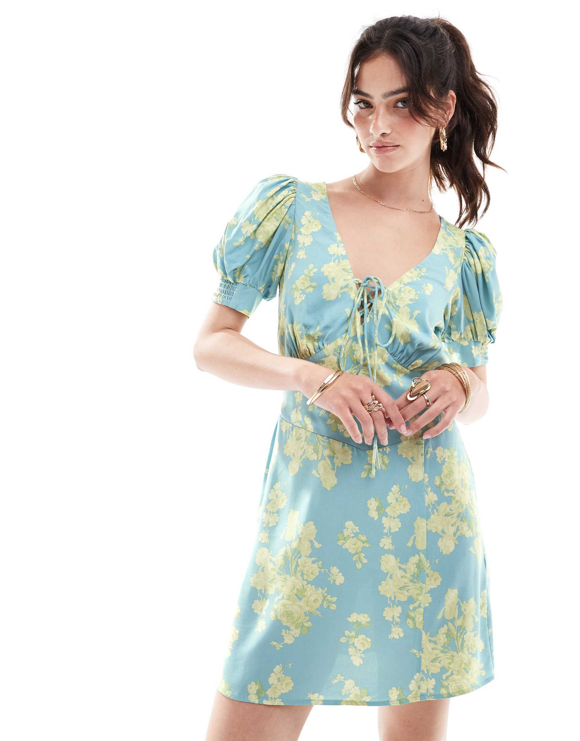 asos design milkmaid tie up mini dress in blue floral print