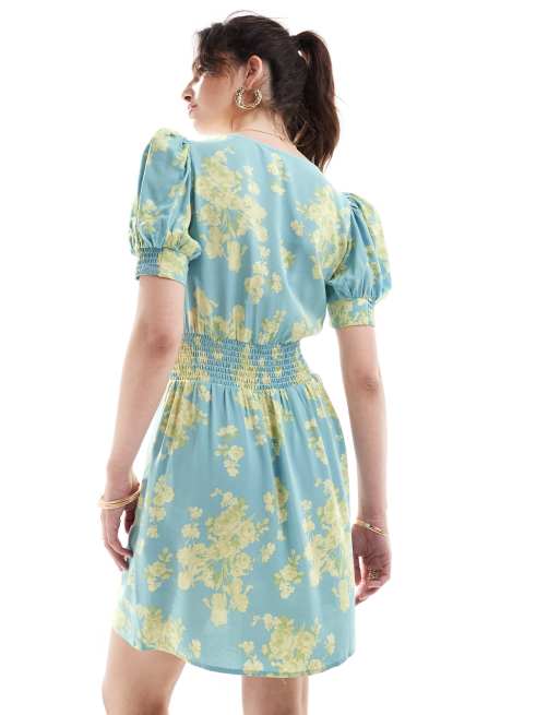 ASOS DESIGN milkmaid tie up mini dress in blue floral print, 4 of 4