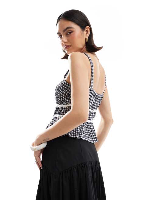 ASOS DESIGN milkmaid top in gingham with ricrac trims in navy gingham