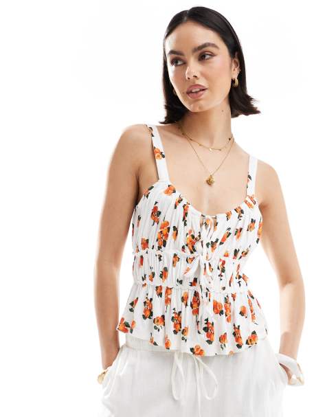 ASOS DESIGN milkmaid top in gingham with ricrac trims in orange print - view 1