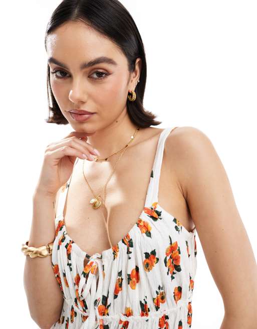 ASOS DESIGN milkmaid top in gingham with ricrac trims in orange print, 2 of 4