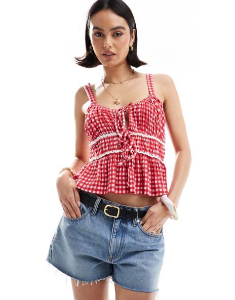 ASOS DESIGN milkmaid top in gingham with ricrac trims in red - view 1