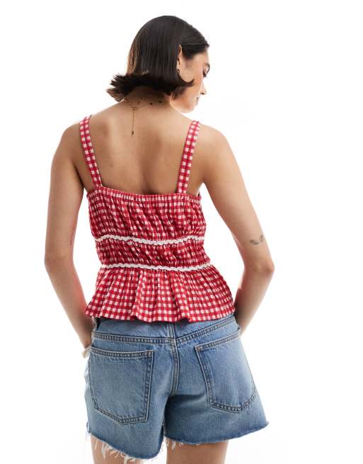 ASOS DESIGN milkmaid top in gingham with ricrac trims in red, 2 of 4