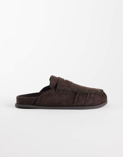 ASOS DESIGN Miller chunky loafer mules in chocolate suedette - view 1