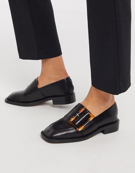 ASOS DESIGN Millicent premium leather square toe buckle loafer in black