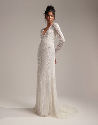 ASOS DESIGN Millie long sleeve vintage artwork sequin and bead maxi wedding dress in ivory