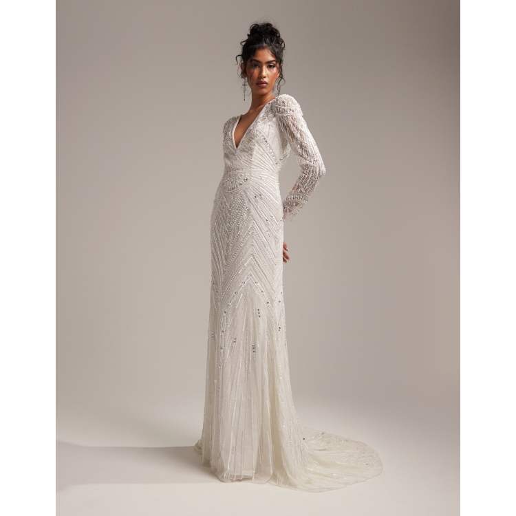 vintage beaded wedding dresses Vintage Corset Sparkly Beaded Lace Destination Long Wedding Dress, White