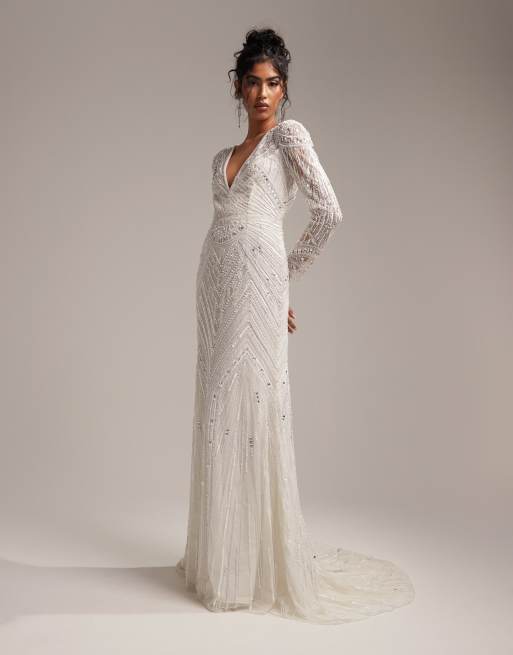 ASOS DESIGN Millie Vestito da sposa lungo a maniche lunghe color avorio con lavorazione vintage in paillettes e perline ASOS