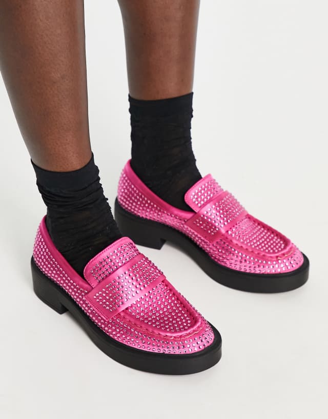 ASOS DESIGN Million chunky embellished loafers in pink