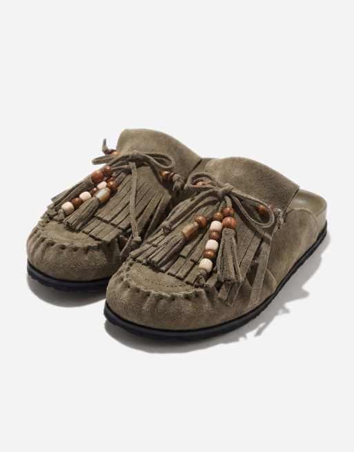 ASOS DESIGN - Milo - Premium - Suède muiltjes met franjes in olijfgroen, 6 van 11