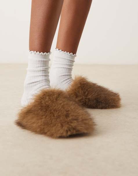ASOS DESIGN Mimic flat mules in tan faux fur - view 1