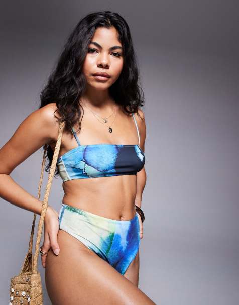 ASOS DESIGN – Mina – Oljemönstrad bikiniöverdel i bandeau-modell med smala axelband - view 1