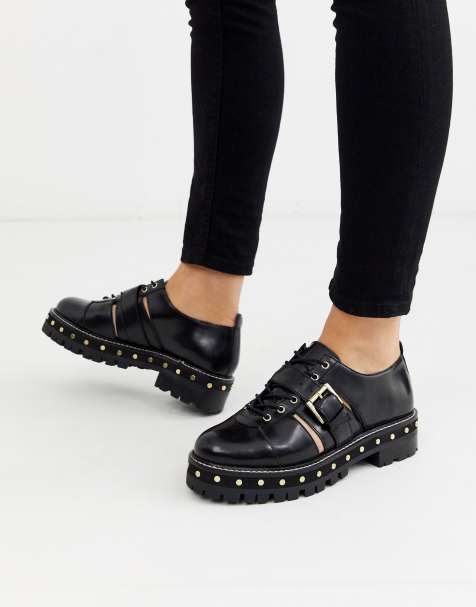 ASOS DESIGN - Mind - Chaussures plates cloutées à lacets en cuir premium - Noir