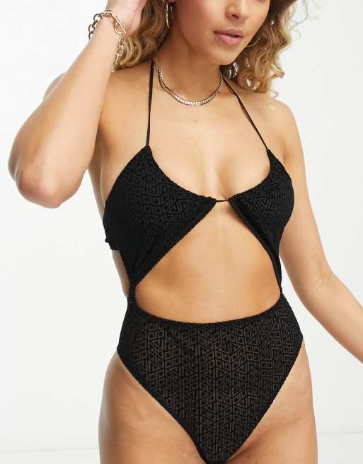 ASOS DESIGN - Mindy - Body nero a monogrammi in rete con cut-out allacciato al collo, 2 di 4