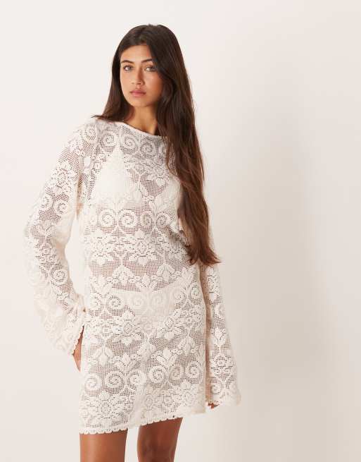 ASOS DESIGN Minette beach crochet lace mini dress in cream, 3 of 4