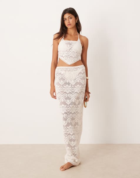 ASOS DESIGN - Minette - Coordinato da spiaggia color crema con top in pizzo all'uncinetto e gonna lunga - view 1
