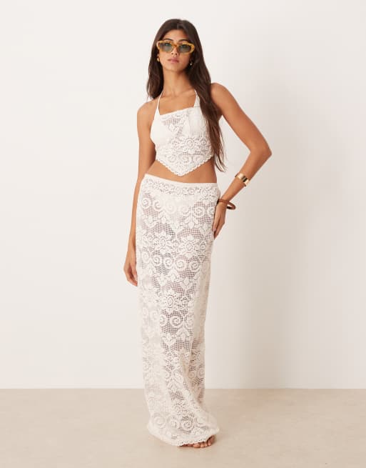 ASOS DESIGN – Minette – Kremowy zestaw plażowy z szydełkowanej koronki: top i spódnica maxi, 3 z 3
