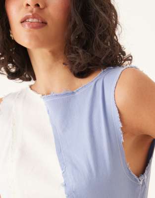 Shop Asos Design Mini A-line Contrast Panel Denim-look Mini Dress With Raw Hem In Blue