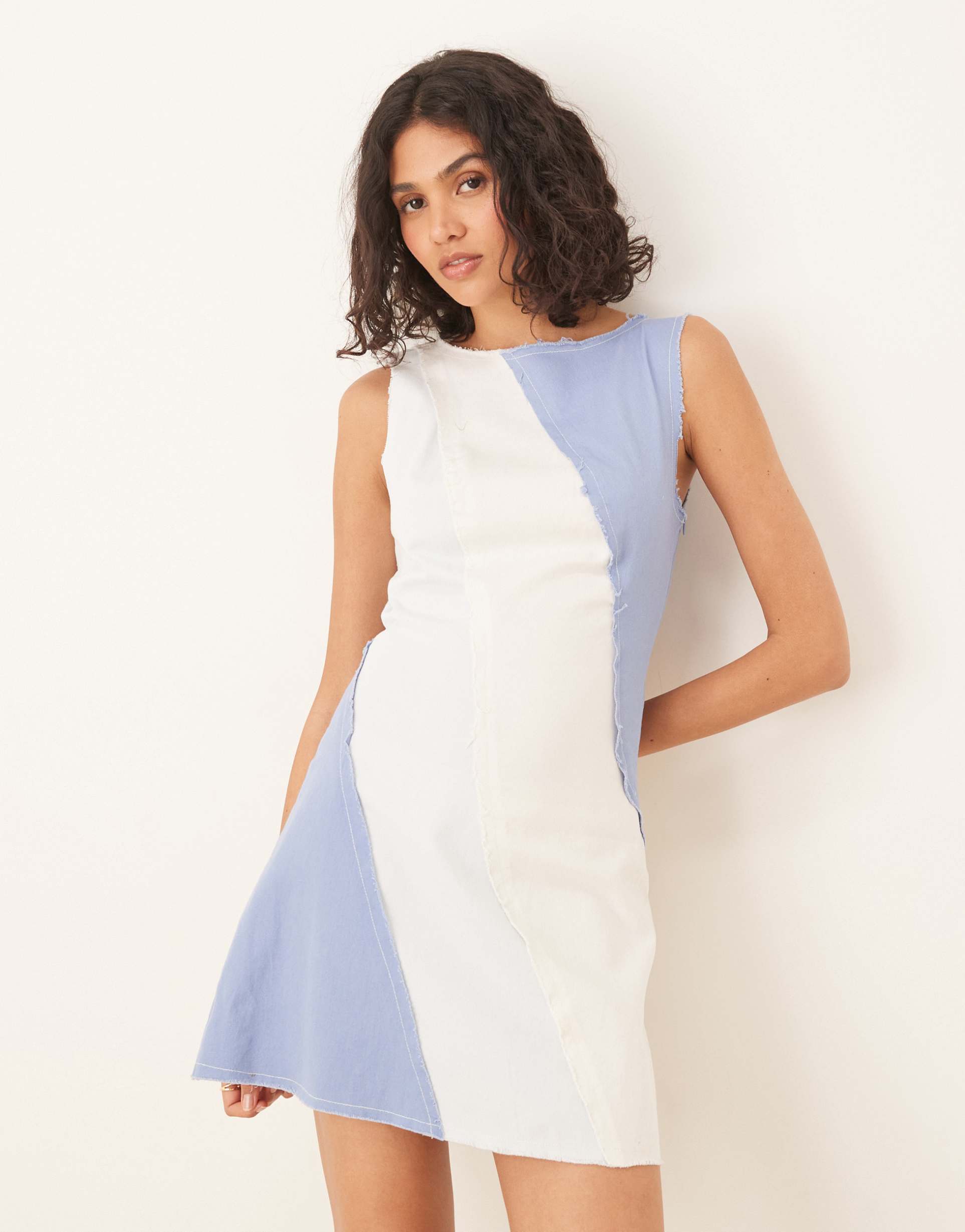 asos design mini a-line contrast panel denim-look mini dress with raw hem in blue