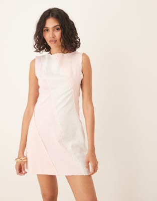 Asos Design Mini A-line Contrast Panel Denim-look Mini Dress With Raw Hem In Pink