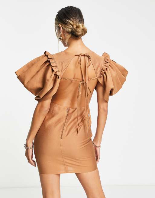 ASOS DESIGN Mini abito con maniche a sbuffo e cut out in vita color cuoio con pieghe ASOS