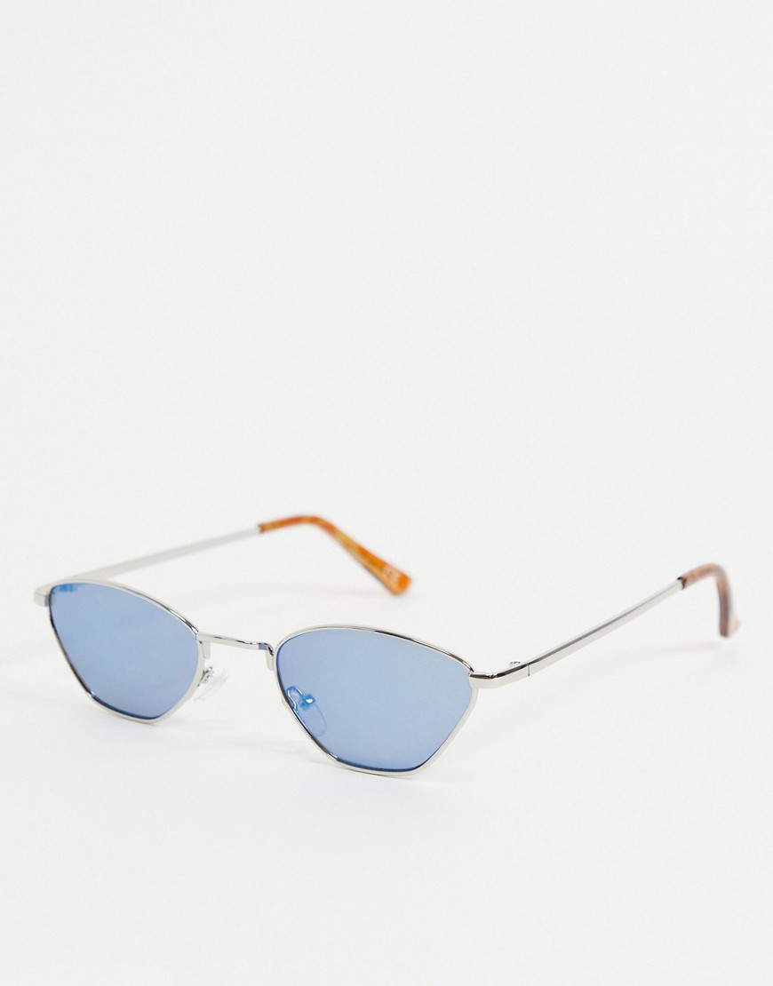 ASOS DESIGN mini angled frame sunglasses in silver with blue lens