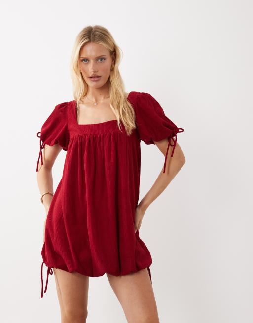 ASOS DESIGN – Mini-Ballonkleid aus Cord in Rot mit eckigem Ausschnitt, 4 von 4