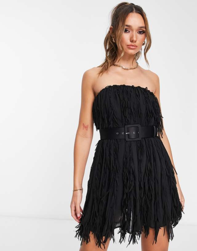 ASOS DESIGN mini bandeau dress in shredded chiffon with belt detail in black