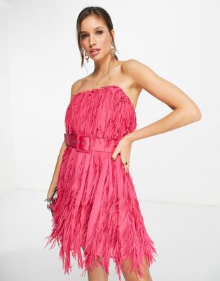 Asos Design Mini Bandeau Dress In Shredded Chiffon With Belt Detail In Pink