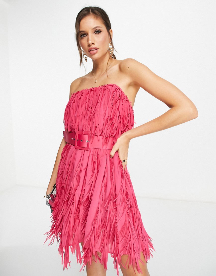 ASOS DESIGN mini bandeau dress in shredded chiffon with belt detail in pink