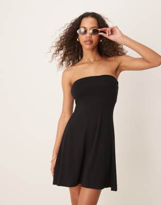 Asos Design Mini Bandeau Dress With Flared Hem In Black
