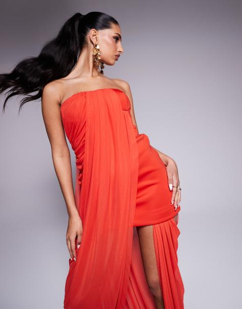 ASOS DESIGN - Mini bandeau-jurk met mesh overlay sleep in rood - view 1