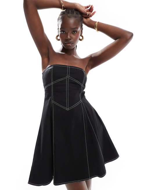 ASOS DESIGN - Mini bandeau-jurk van keperstof in zwart met contrasterende stiksels