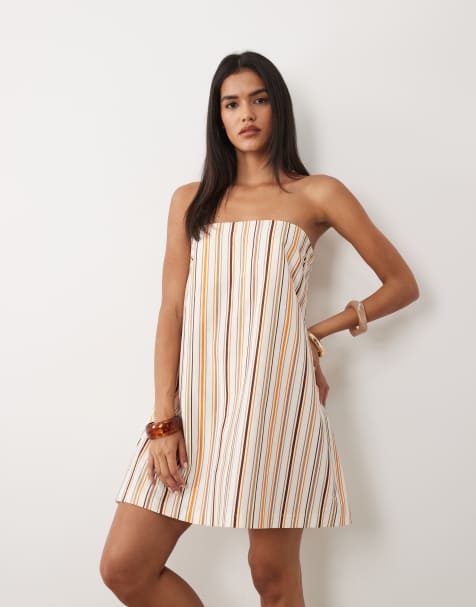 ASOS DESIGN Mini-Bandeaukleid aus Leinenmix in Creme mit Streifen - view 1