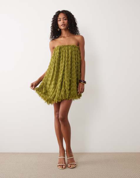 ASOS DESIGN Mini-Bandeaukleid mit Wellenstruktur und Bubble-Saum in Olivgrün - view 1