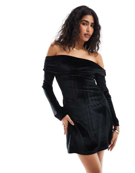 ASOS DESIGN – Mini-Bardot-Kleid aus Samt in Schwarz - view 1