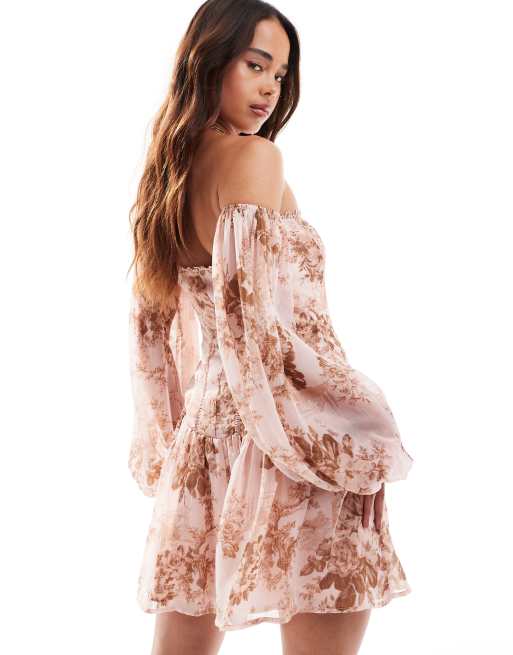 ASOS DESIGN - Mini-bardotjurk met korset en strook in roze bloemenprint, 4 van 4