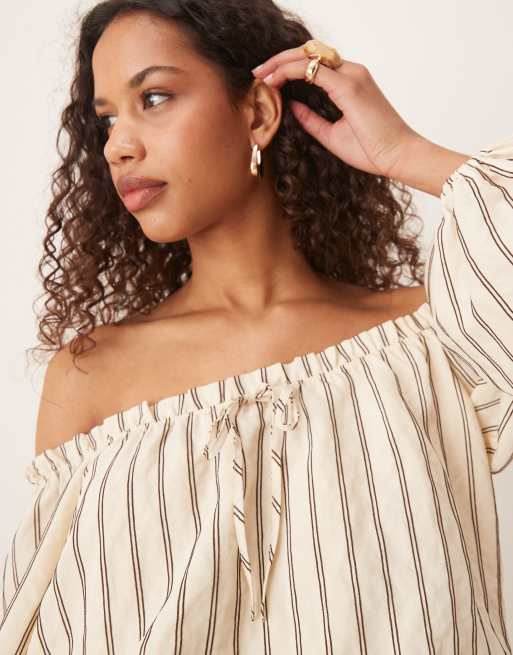 ASOS DESIGN - Mini-bardotjurk van katoen in boho-stijl in botergele strepen, 2 van 4
